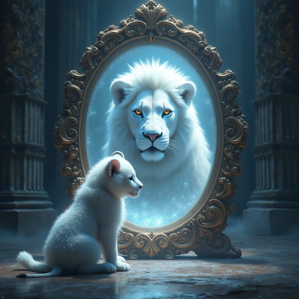 Mystical White Lion Cub Meets its Enchanted Reflection in a ...