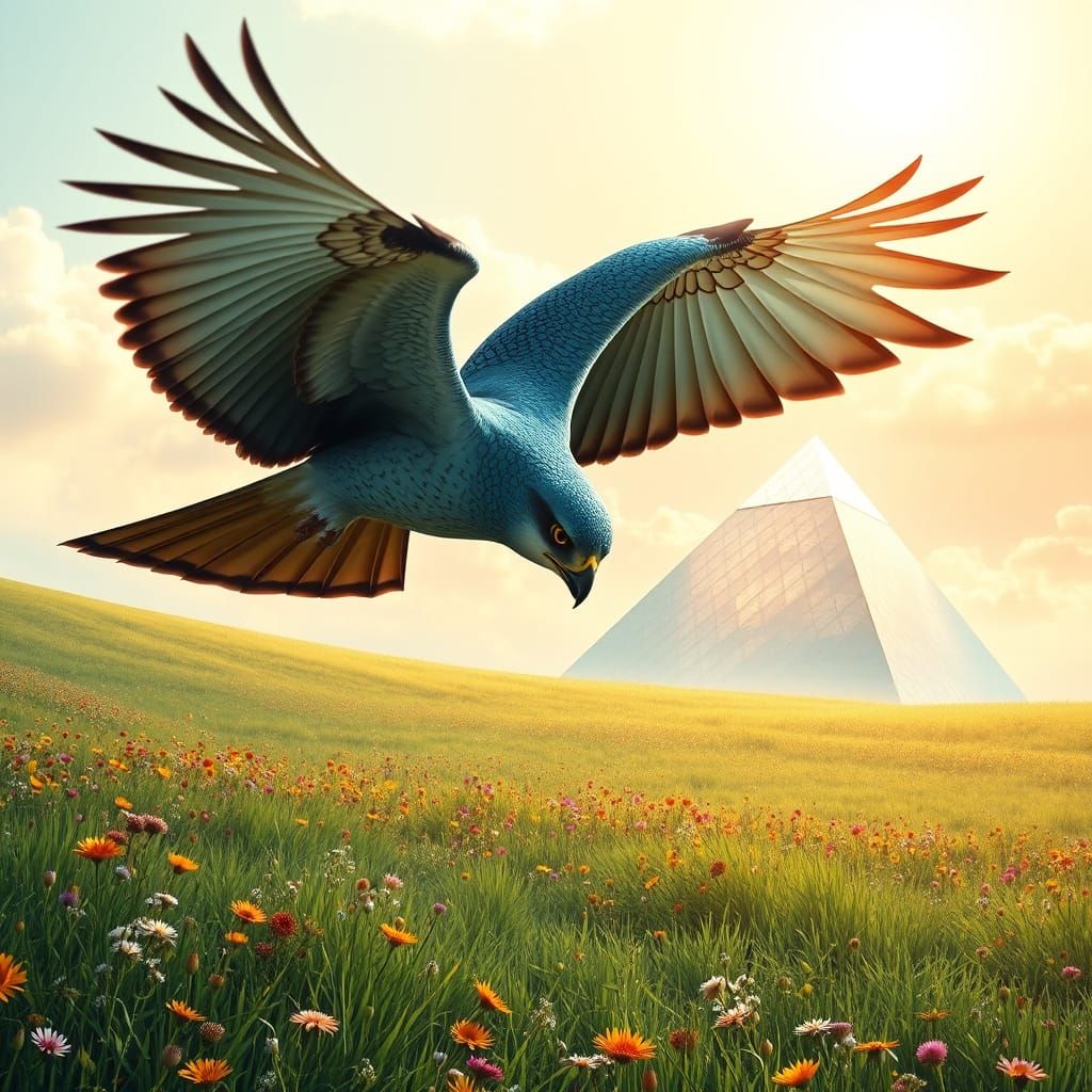 Ethereal Falcon Soars Over Ancient Energy Pyramid in Vibrant...