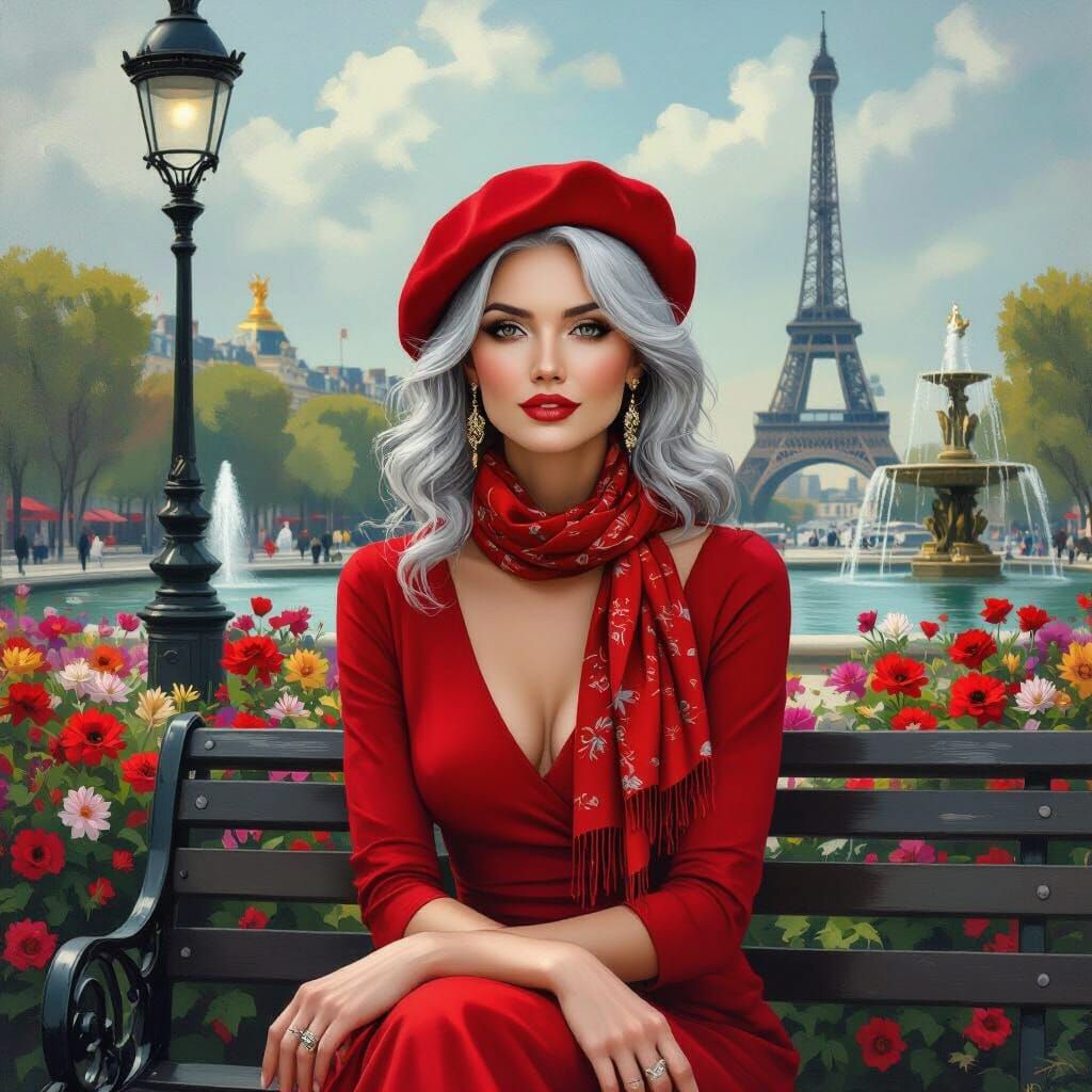 A stunningly, beautiful woman, with silver, gray hair, weari...