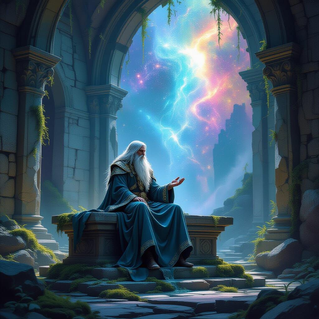 Majestic Druid Priest on Altar in Cosmic Temple