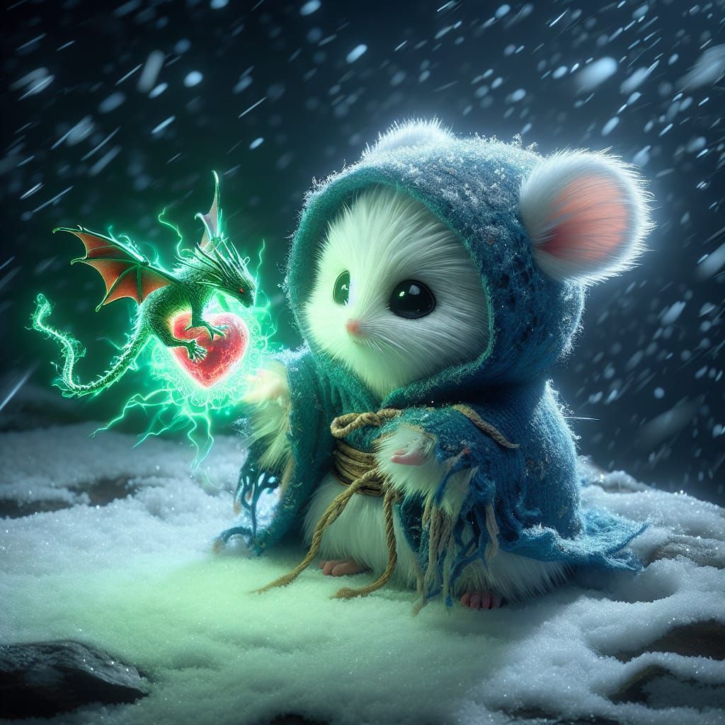 Charming Furry Mouse Merchant with Dragon on Snowy Peak