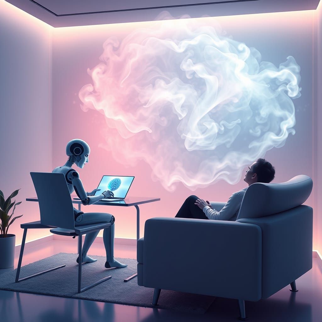 AI Counselor in Serene Therapy Room with Futuristic Ambiance