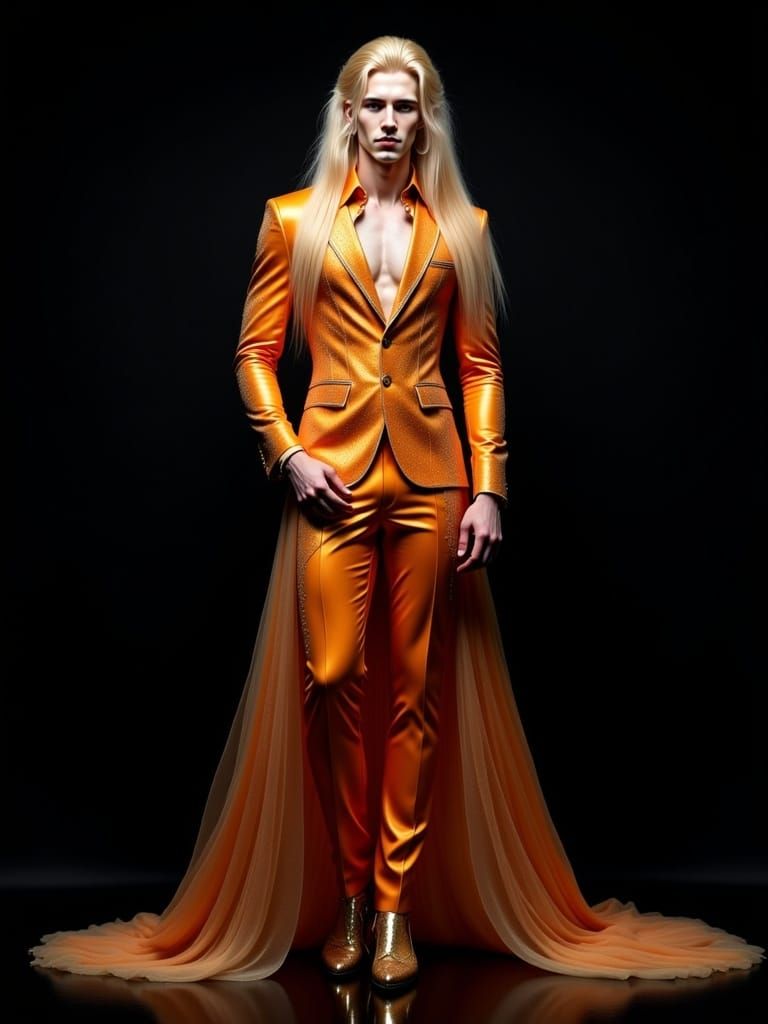 Man in Orange Glitter Suit in Gothic Hall