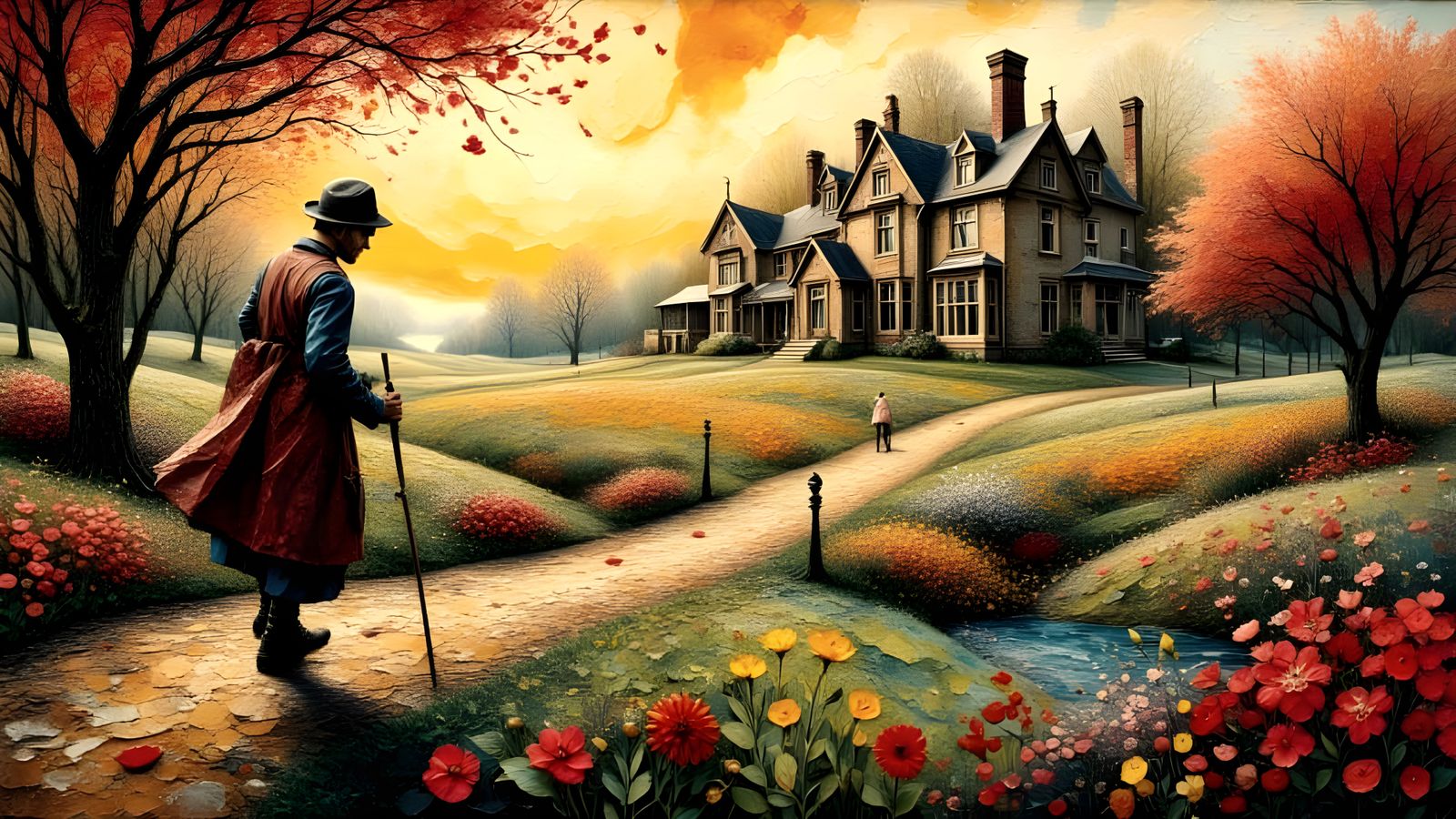 Surreal English Garden Landscape as Impasto Collage