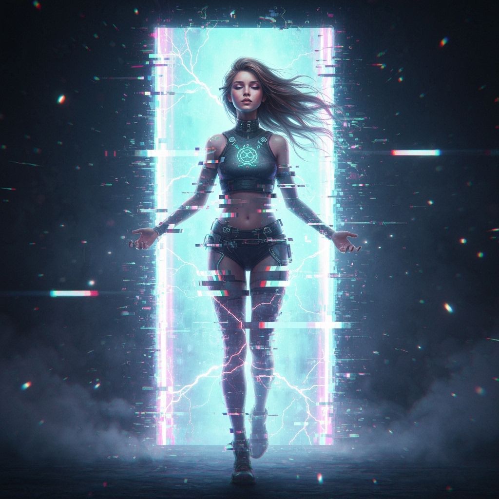 Woman Emerges from Glitching Portal in Digital Art Style