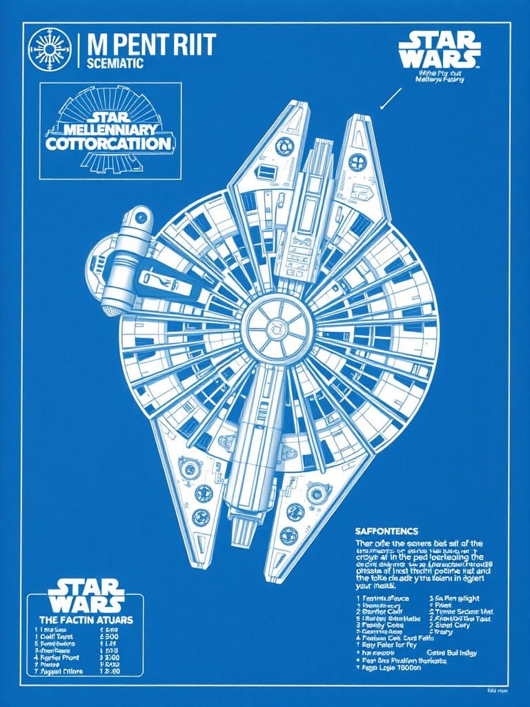 Millennium Falcon Blueprint Schematic in Cyanotype