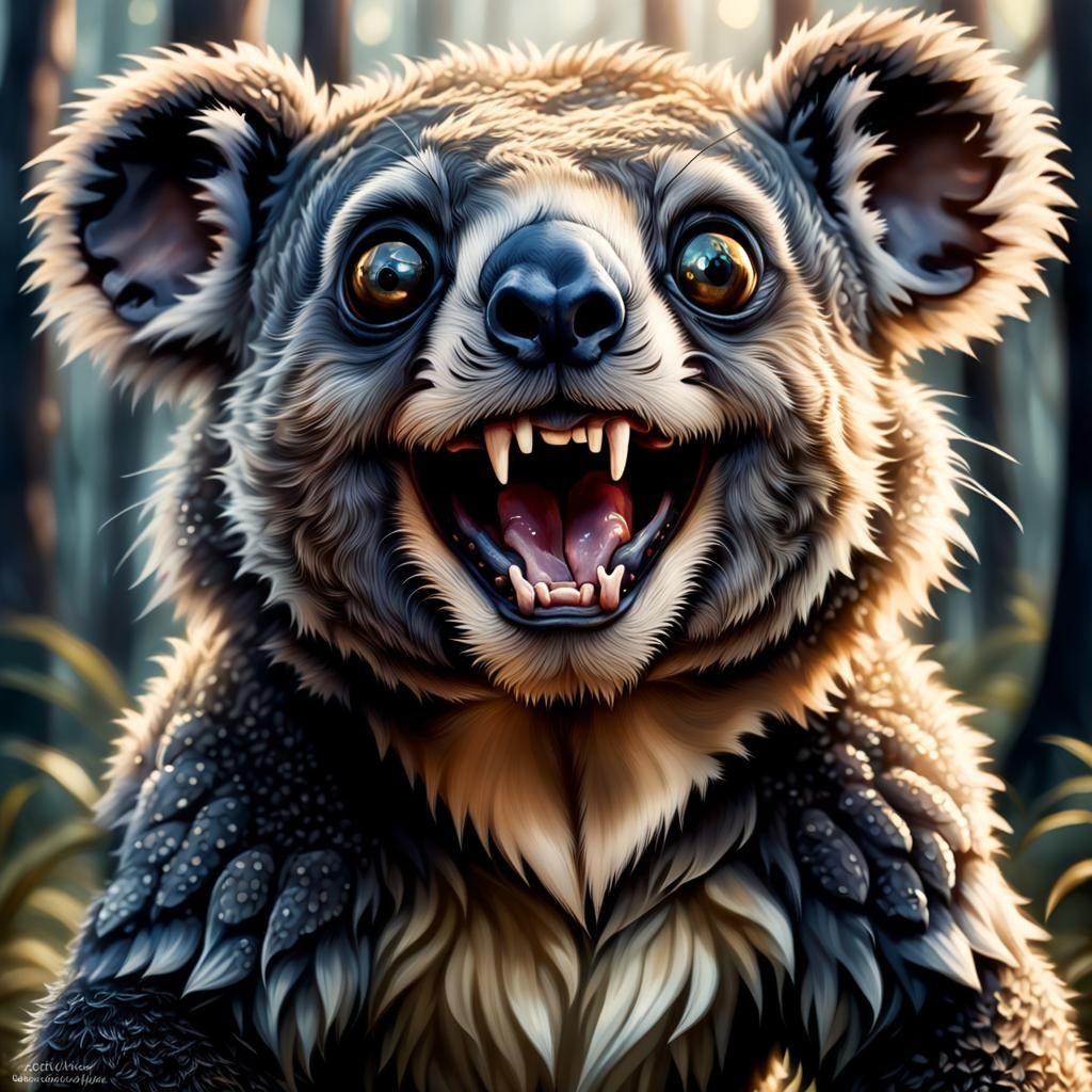 Hyperrealistic Smiling Drop Bear Portrait in Golden Light