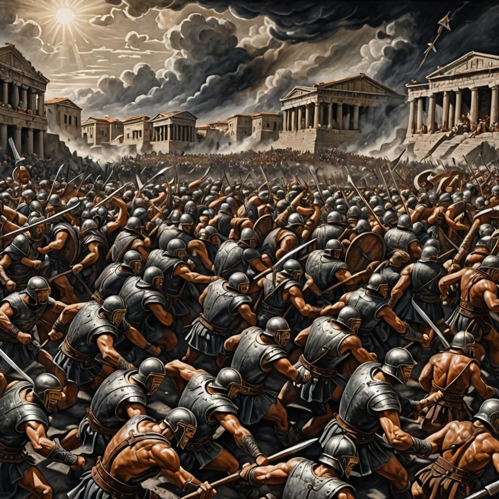 Chaotic Gladiator Battle in Charcoal Drawing