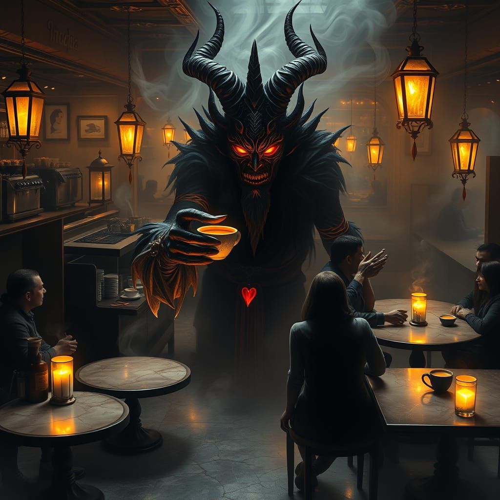 Djinn Barista in Shadowed Enchanted Cafe