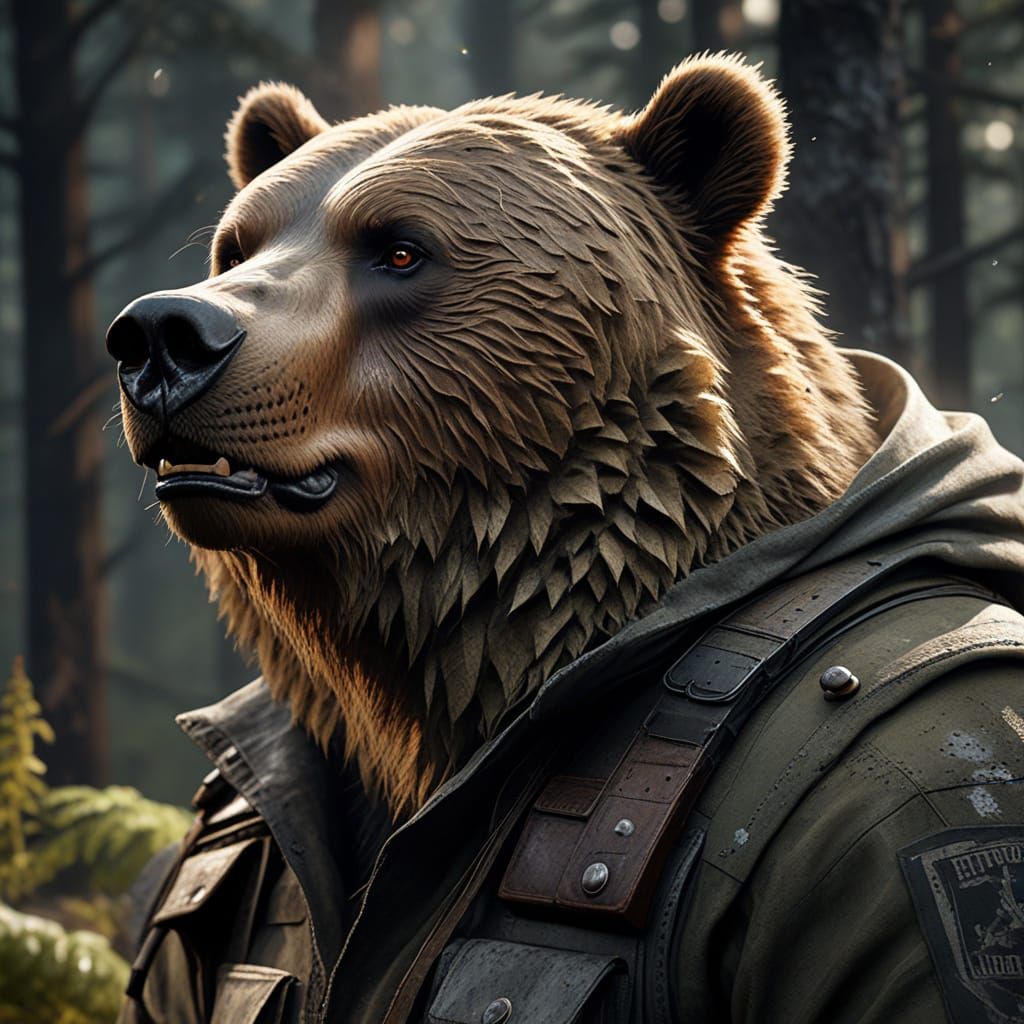 Hyper-Realistic Grizzly Bear Portrait in Rugged Forest Battl...
