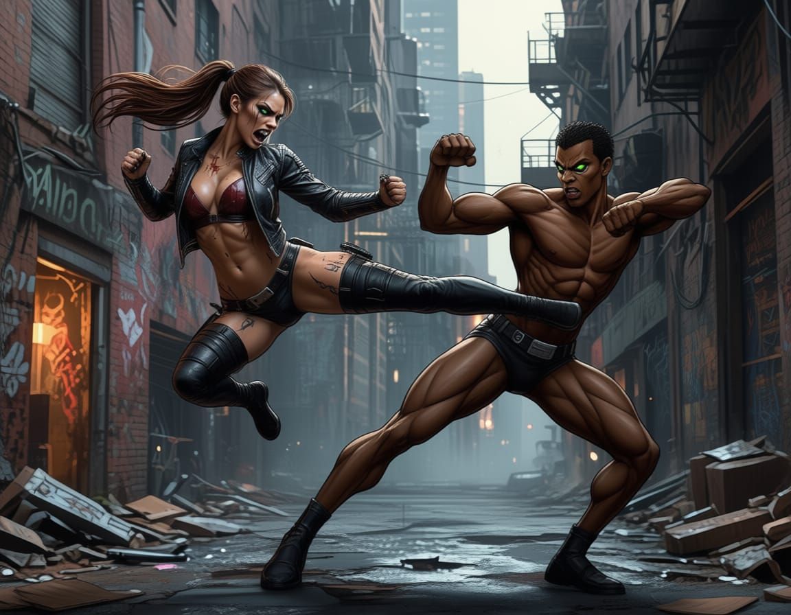 Cyberpunk Alley Fight Scene with Vampire