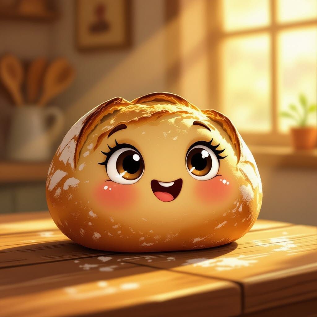 Cute Sourdough Bread with Happy Face in Golden Light