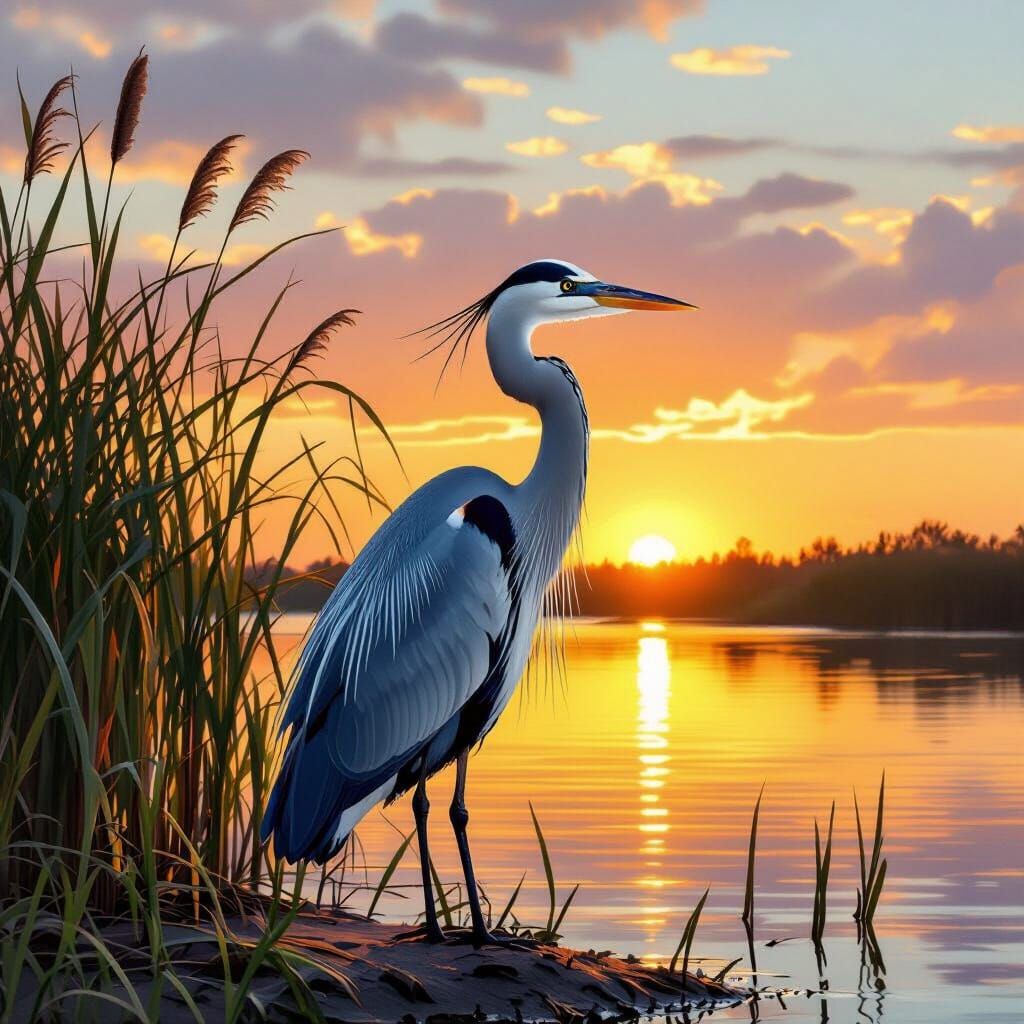 Great Blue Heron at Sunset on Lake Shore