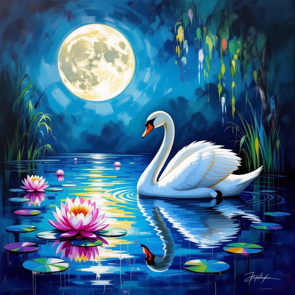 Glowing Swan and Lily Under Full Moon
