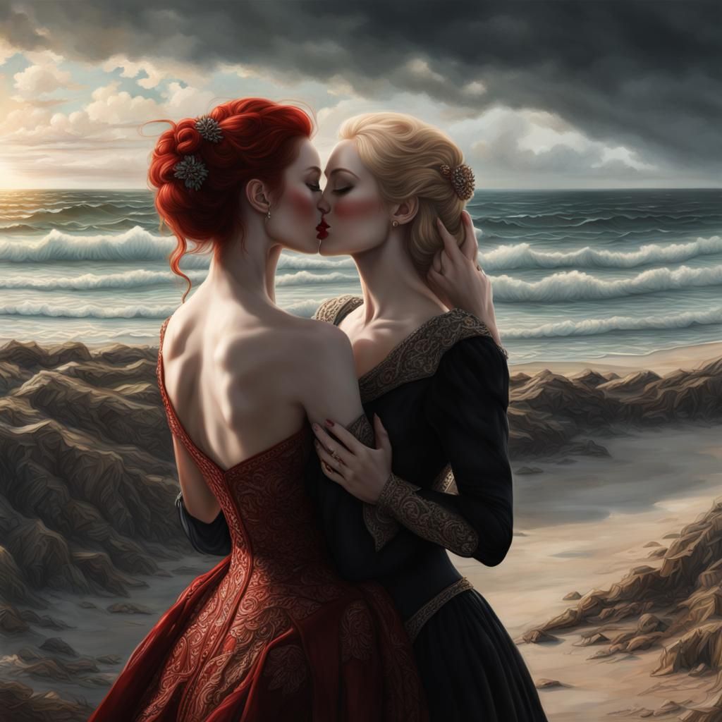 Hyperrealistic Ladies' First Kiss on Beach