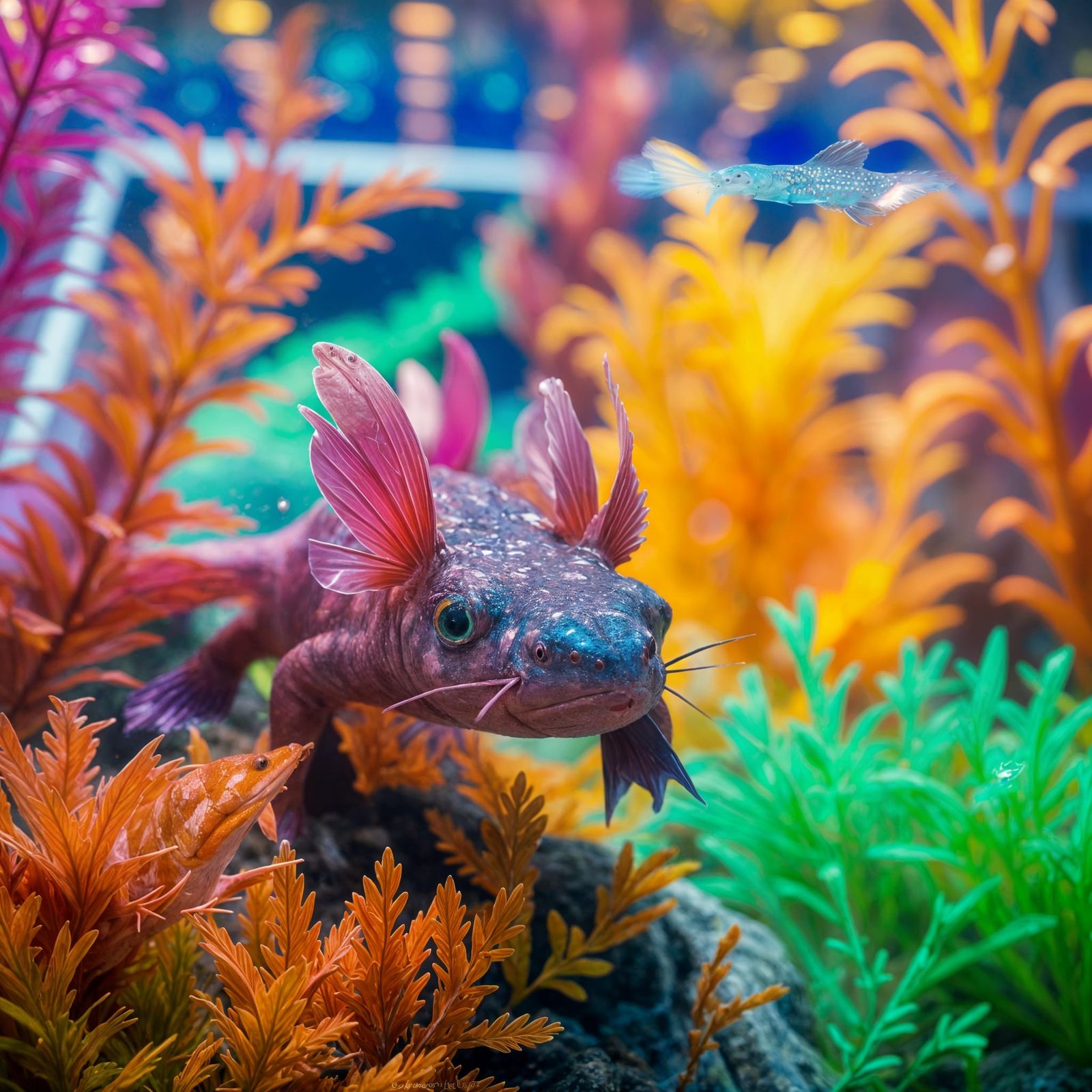 Underwater Neon Paradise with Playful Axolotl in Vibrant Col...