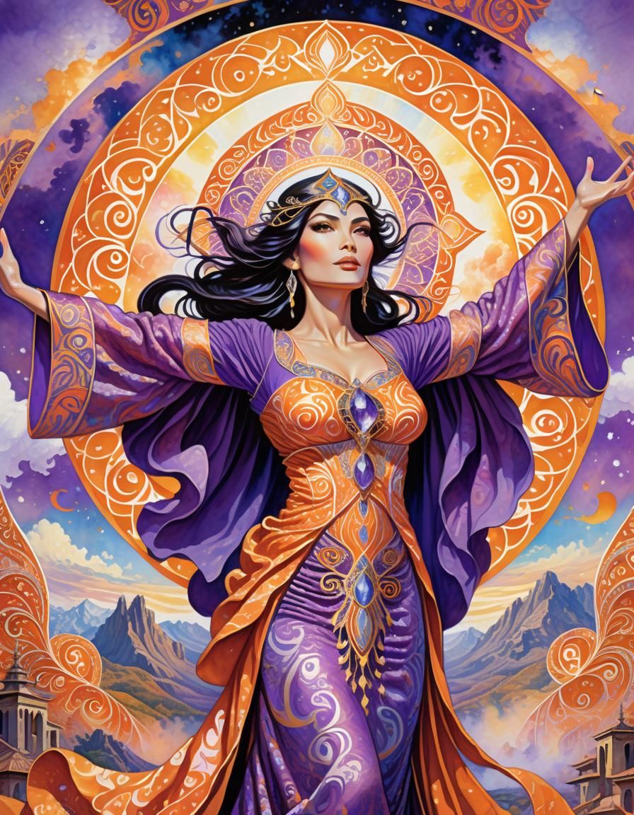 Female Sorcerer Summons Elements in Watercolor Art