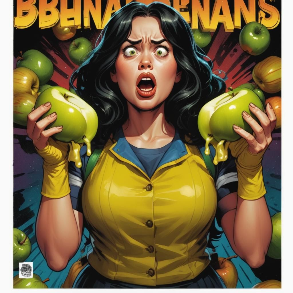 Shocked Woman with Apples in Comic Book Style