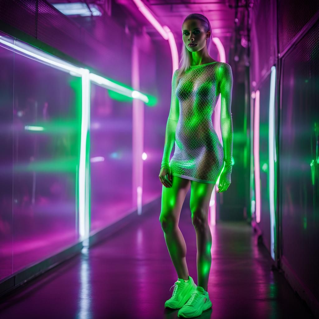 Rave Fashion Model in Acidic Neon Techno Interior