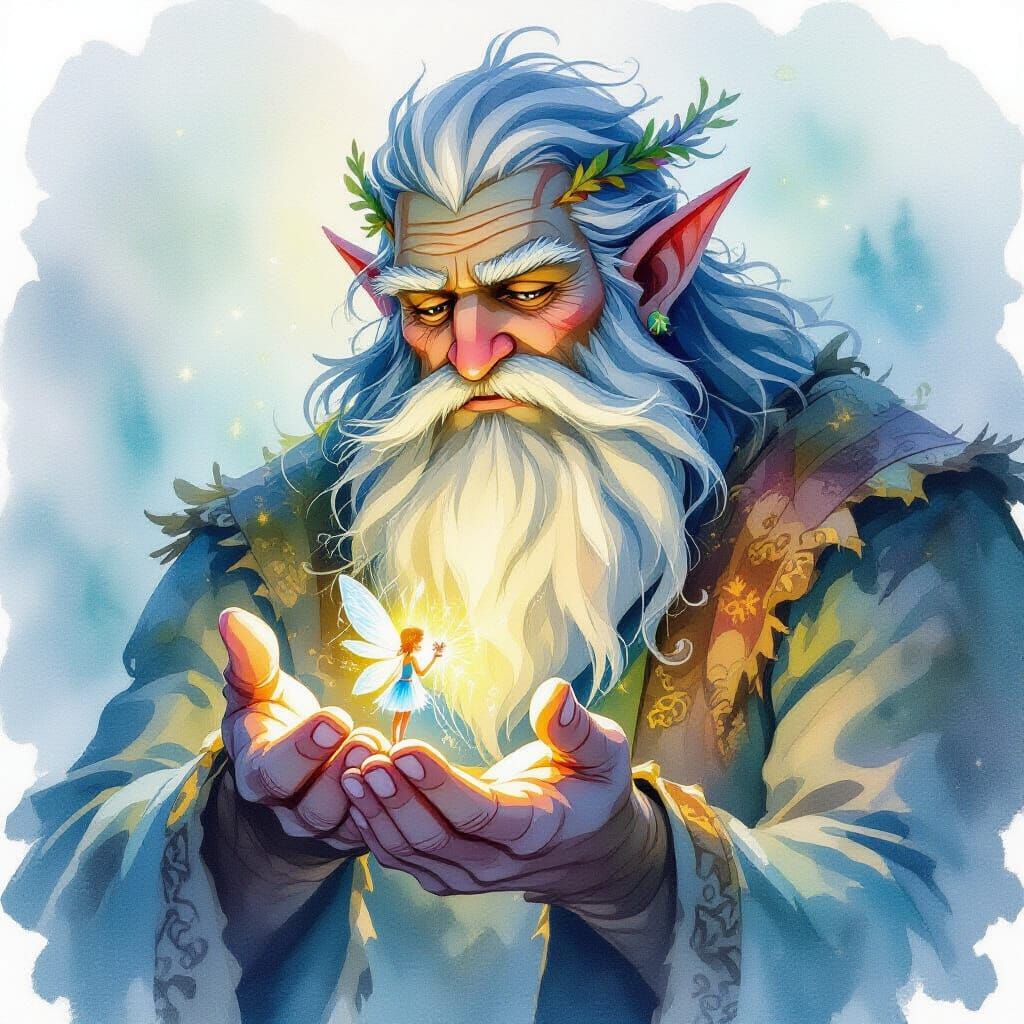 Giant Holds Glowing Fairy in Dreamlike Watercolor