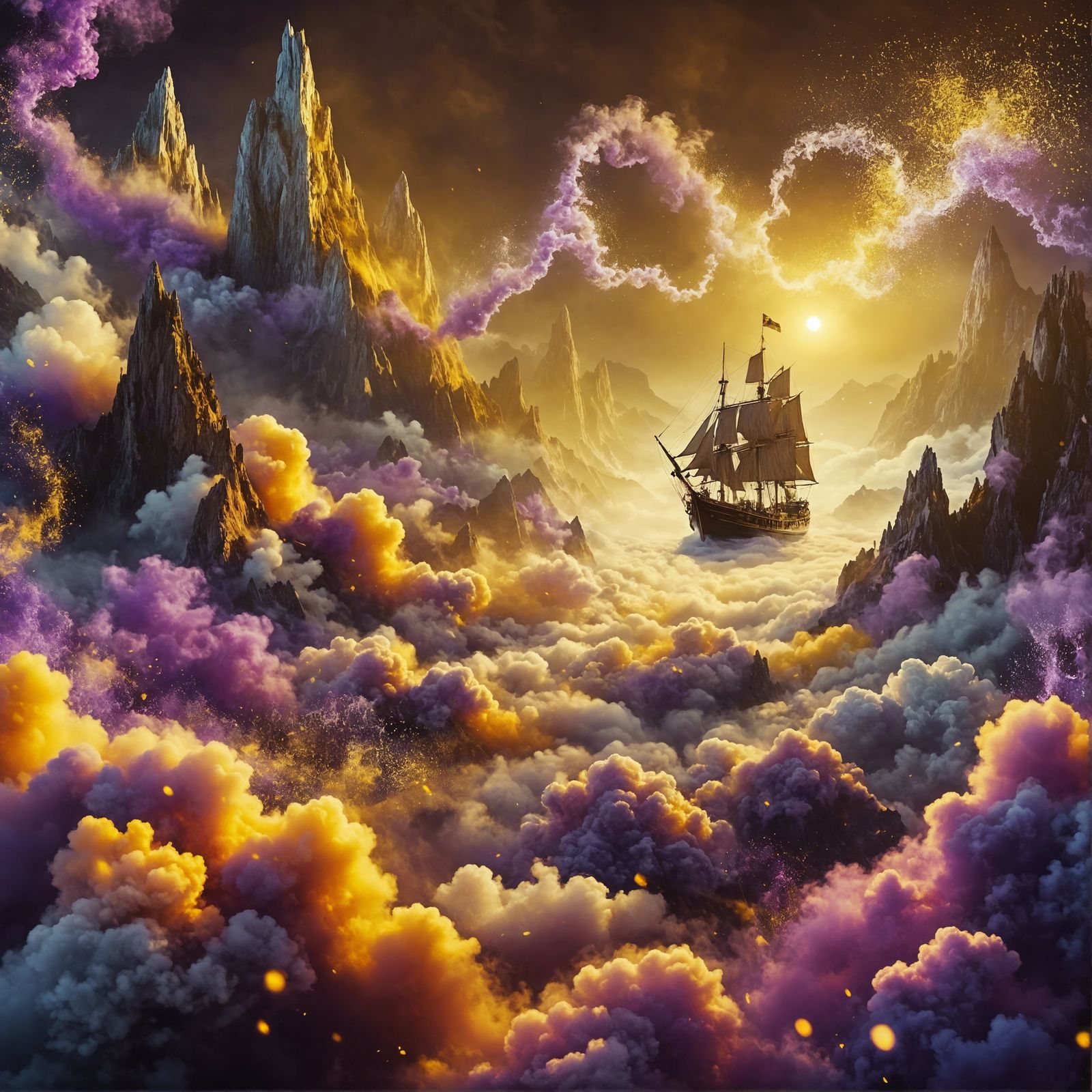 Magical Boat Soaring Through Mountain Clouds