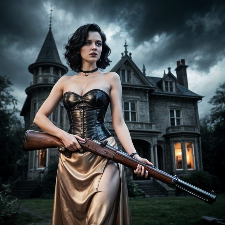 Gothic Lady with Rifle Before Victorian Mansion