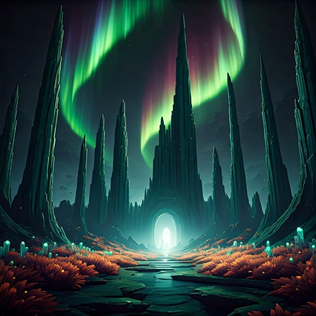 Glowing Aurora Over Crystalline Spires