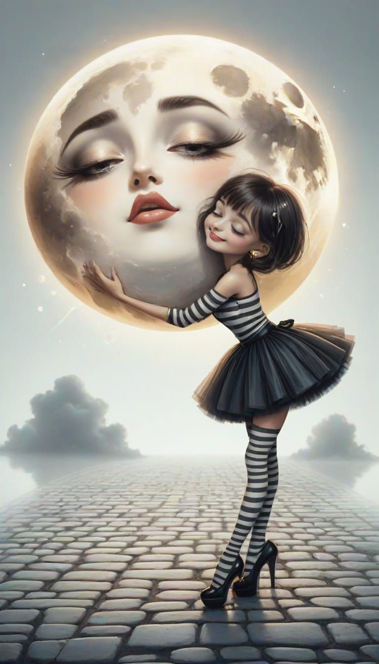 Dystopian Portrait of Woman Hugging Moon in Dali Style