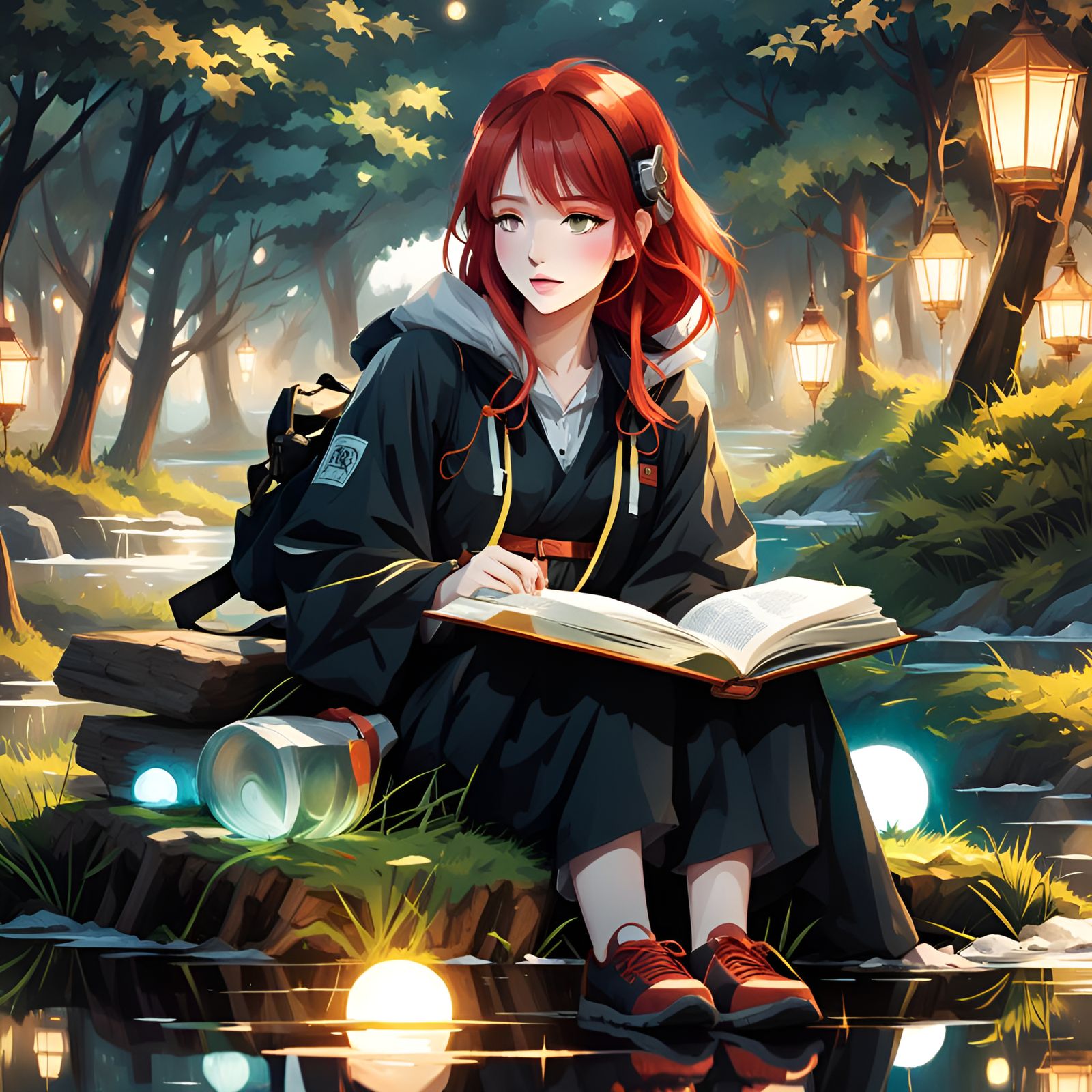 Anime Redhead Reading Book in Park, Watercolor Style