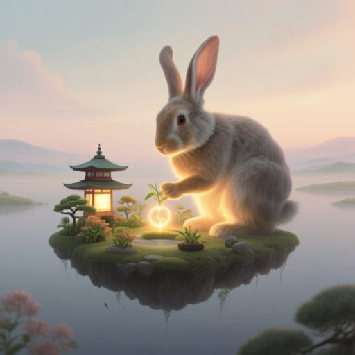Surrealist Rabbit Tends Glowing Floating Japanese Garden