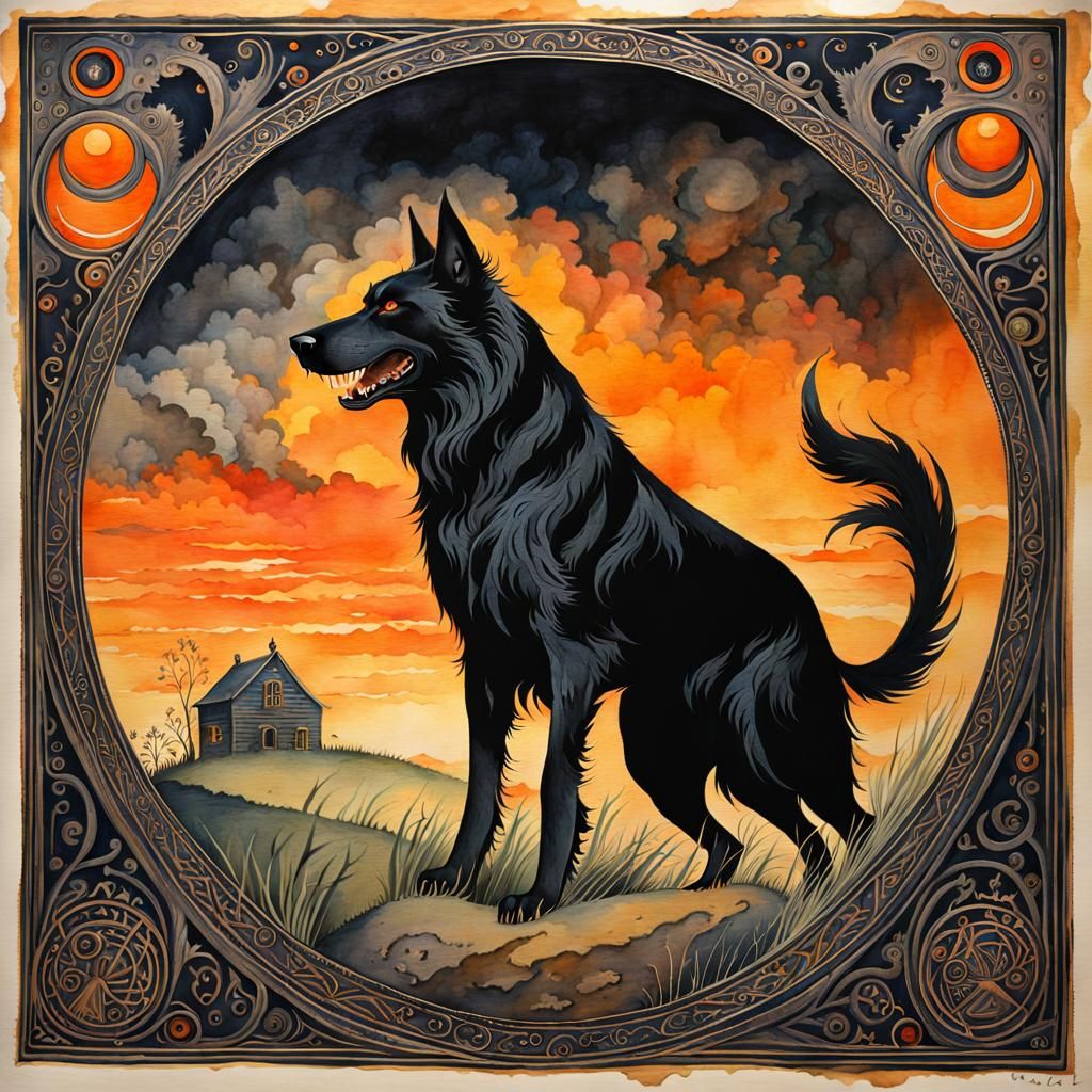Creepy Black Shuck in Watercolor Style