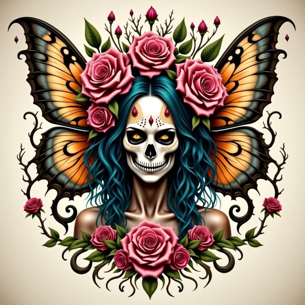 Gothic Tattoo Fairy with Skull Face and Roses