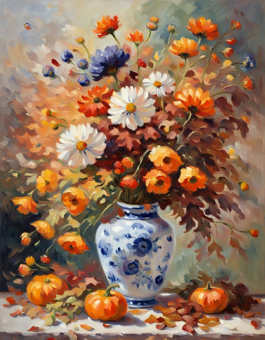 Impressionist Autumn Flowers Overflowing Vase