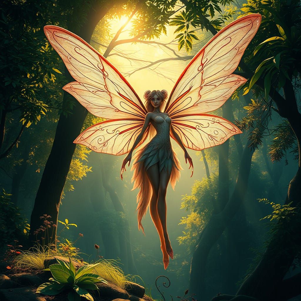 Realistic Fairy in Enchanted Forest Scene
