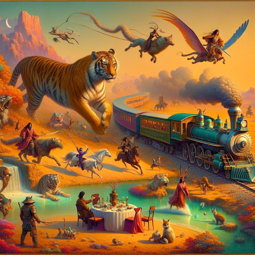 Majestic Tiger Rides Desert Sands with Whimsical Warriors an...