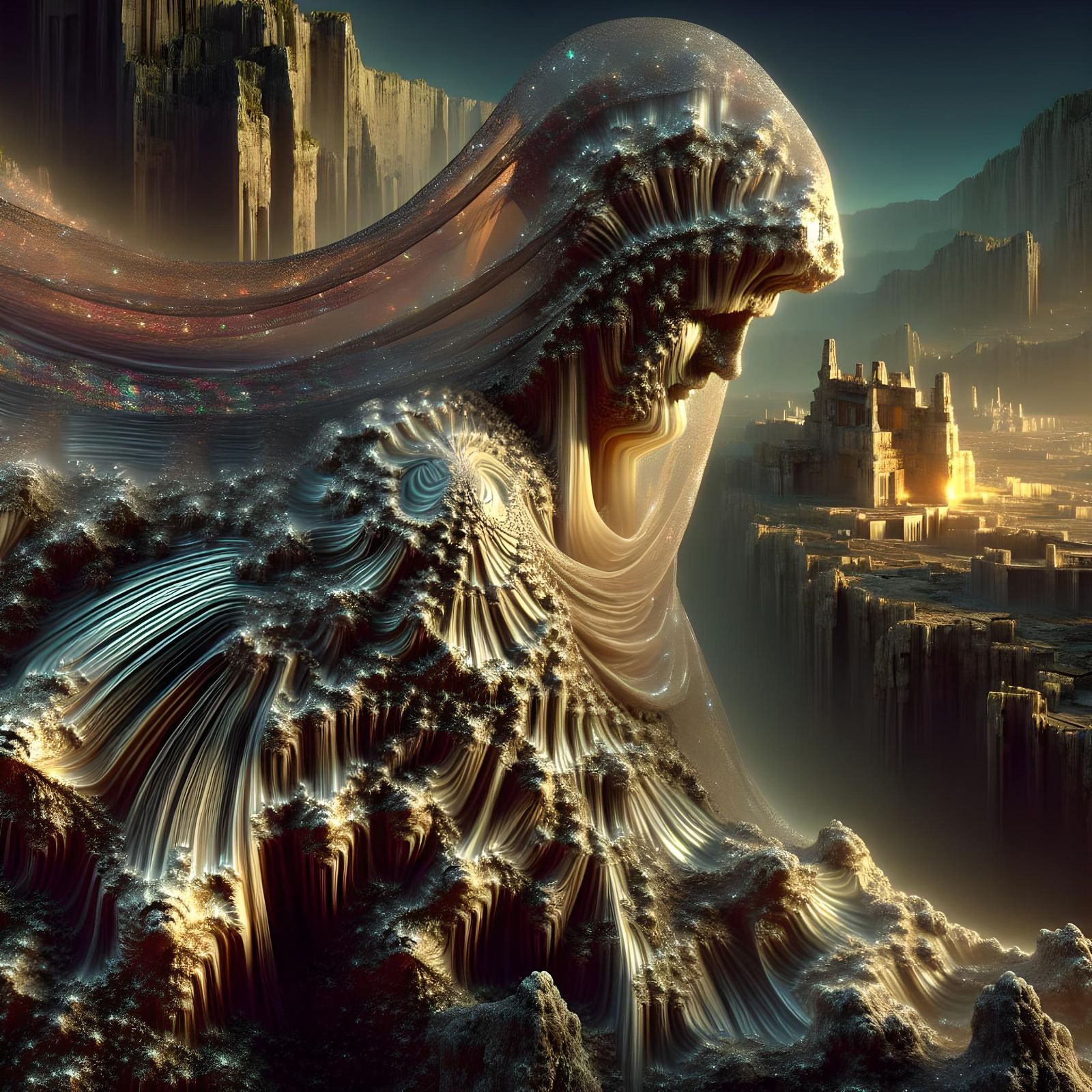 Anthropomorphic Speleothem in Sparklecloth with Ancient City