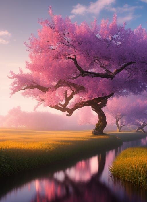 Dreamy Cherry Blossom Tree in Mystical Forest