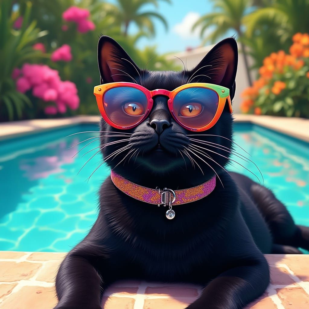 Sleek Cat Lounges by Tropical Pool in Vibrant Style