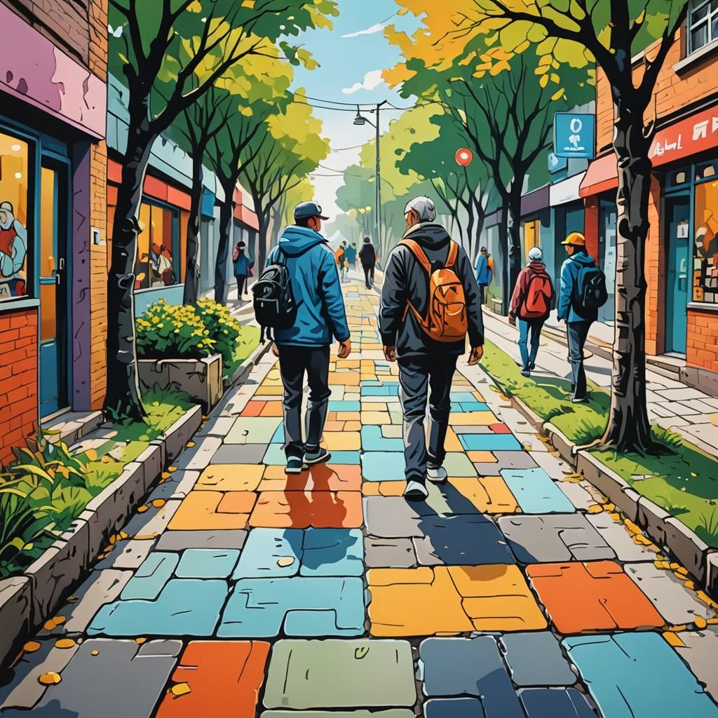 Cartoon Art: Two Figures Discuss on Footpath