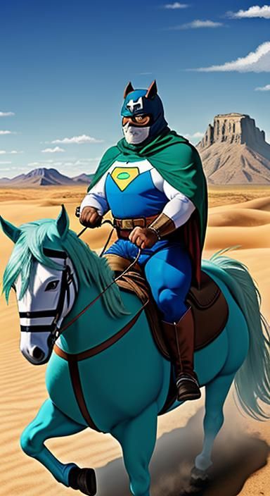 Obese Superhero on Pony in Desert Cartoon