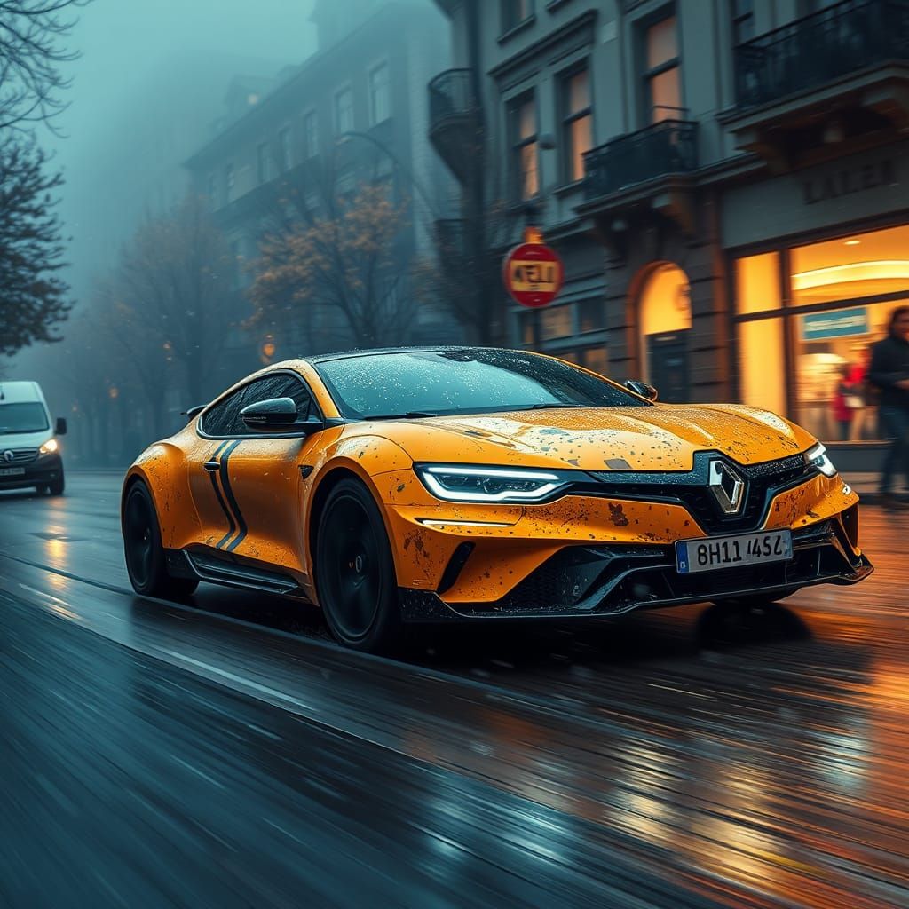 Yellow Renault Safrane in Steampunk Grenoble, Hyperrealistic