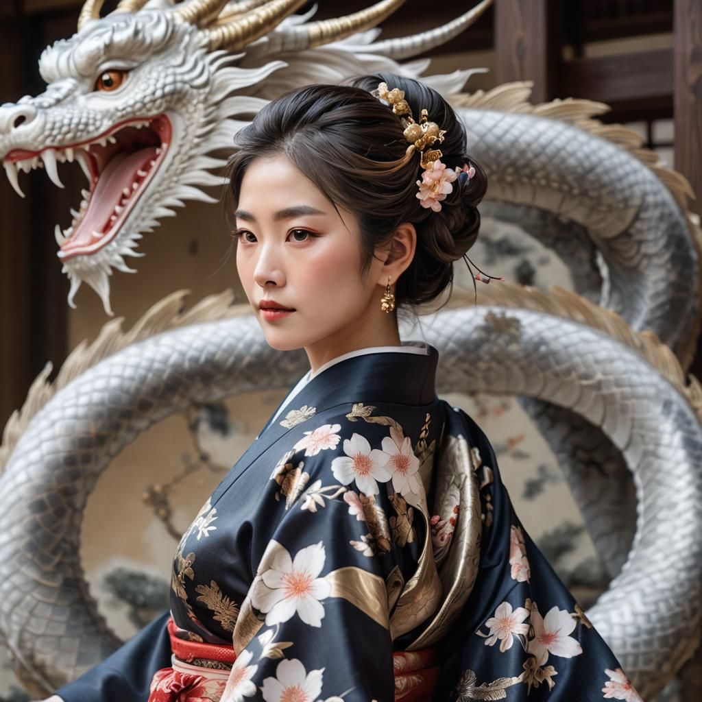 Regal Woman and Dragon in Japanese Ink Painting