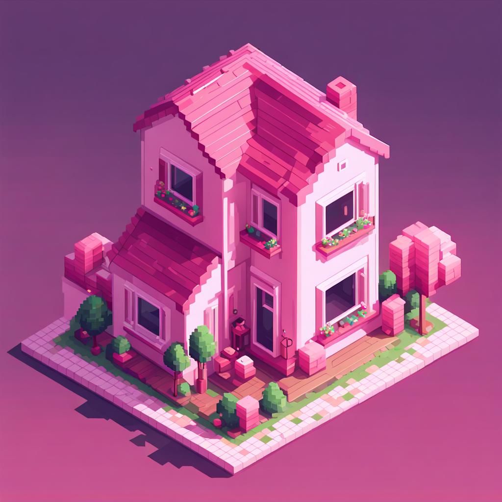 Cute Pink Isometric Pixel Art House