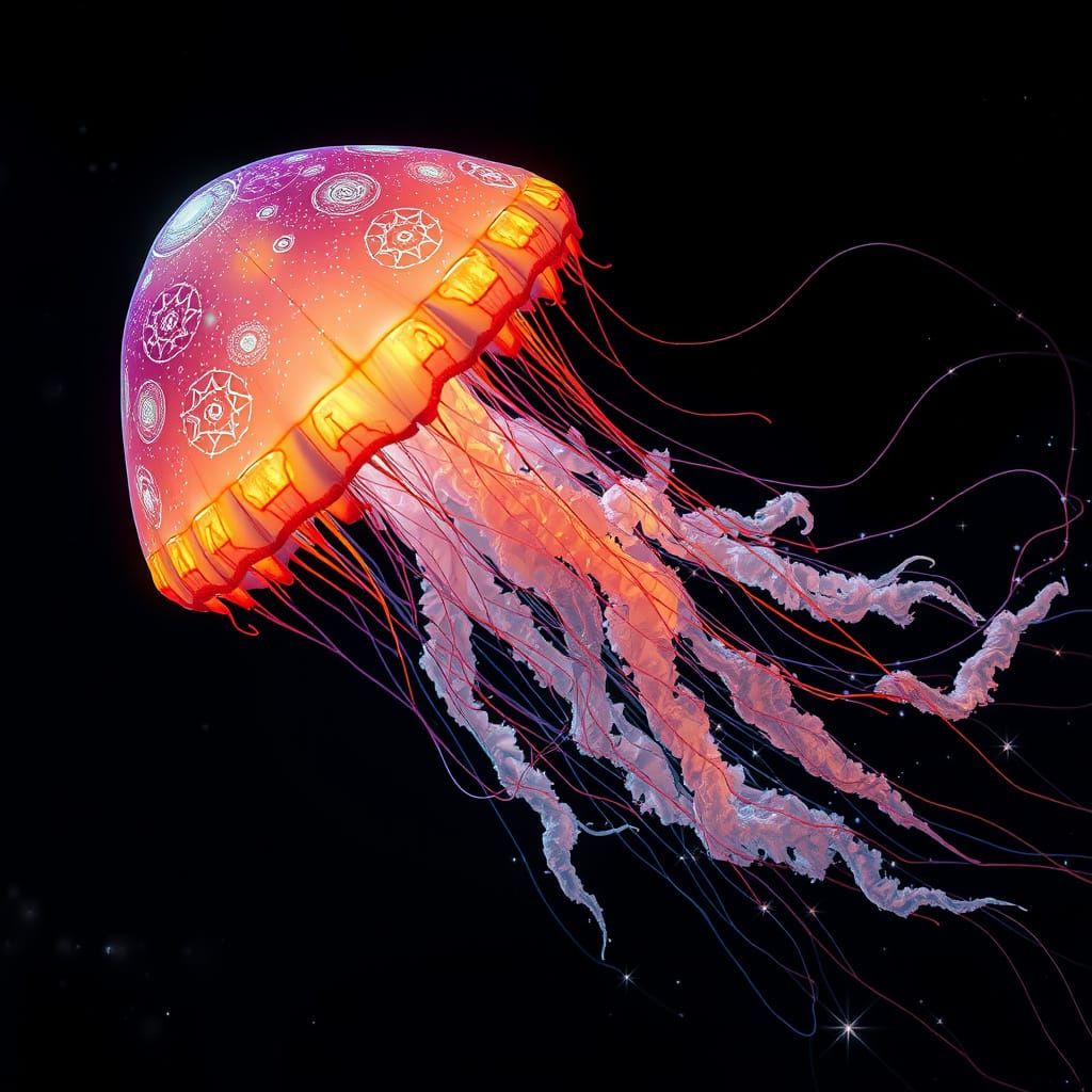 Bioluminescent Jellyfish Drifting Through Starry Space