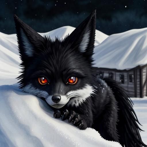 Undead Black Fox in Winter Wonderland, Watercolor Style