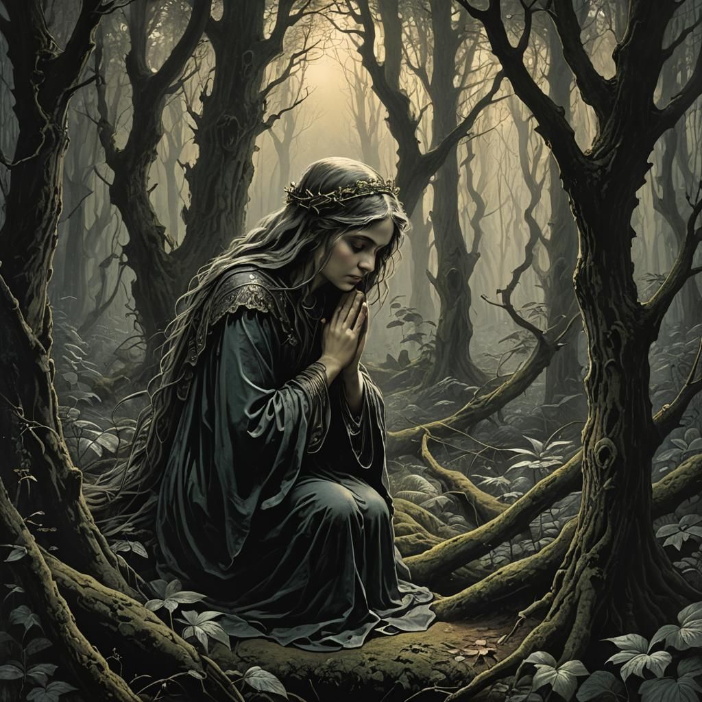 Woman Praying in Fairy Forest: Gothic Horror Art