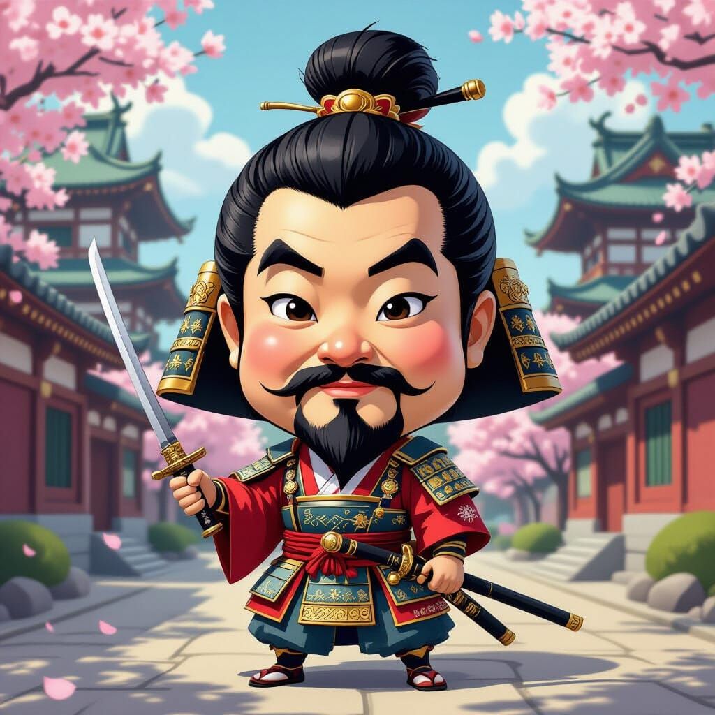 Oda Nobunaga Caricature with Oversized Head and Tiny Helmet