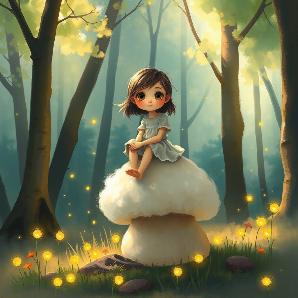 Whimsical Girl on Fluffy Mushroom with Fireflies