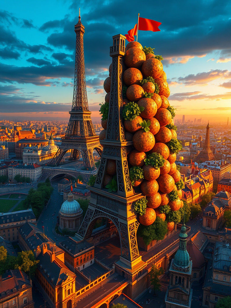 Meatball Eiffel Tower in Paris Fantasy Art