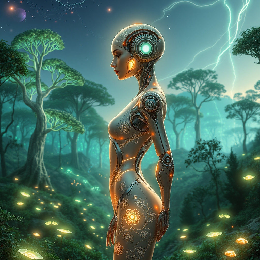 Futuristic Android in Cybernetic Forest of Light